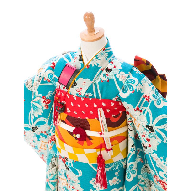 七五三 着物セット ターコイズ 花柄 e-7-047 七五三 7歳 女の子 着物レンタル ターコイズ地 Modern Antenna