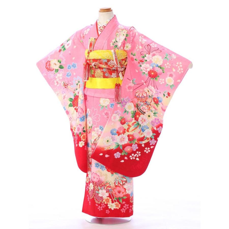 e-7-121 ピンク地 古典柄 正絹 7歳 女の子 七五三 着物レンタル 753 貸