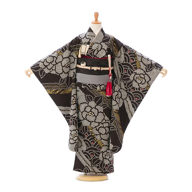 七五三用 黒い伝統的着物（お早めに） 七五三着物レンタルフルセット 115cm〜125cm（黒/茶系）｜女の子（七歳