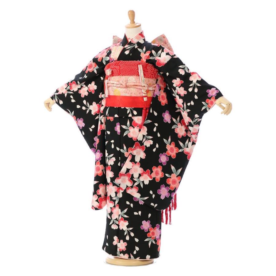 着物 7歳女の子 桜柄の七五三着物レンタルフルセット（ブラック系