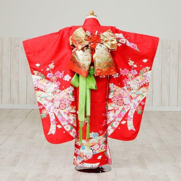 7-869 ブランド 椿姫 赤地 桜地紋 花輪に熨斗目 七五三 7歳 女の子