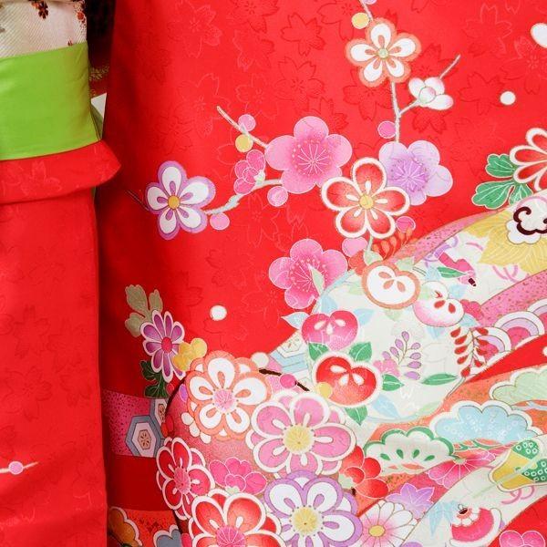 7-869 ブランド 椿姫 赤地 桜地紋 花輪に熨斗目 七五三 7歳 女の子