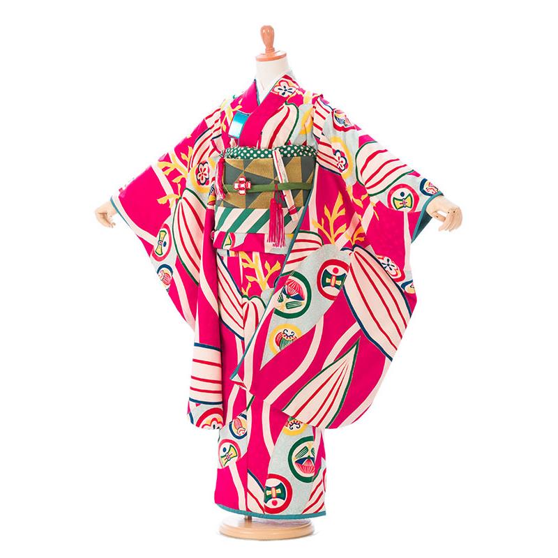 モダンアンテナ ローズピンク地 立涌に笹 7歳 女の子 七五三 着物 貸衣装 7歳 七五三フルセット付 簡単な着せ方マニュアル付 7-883