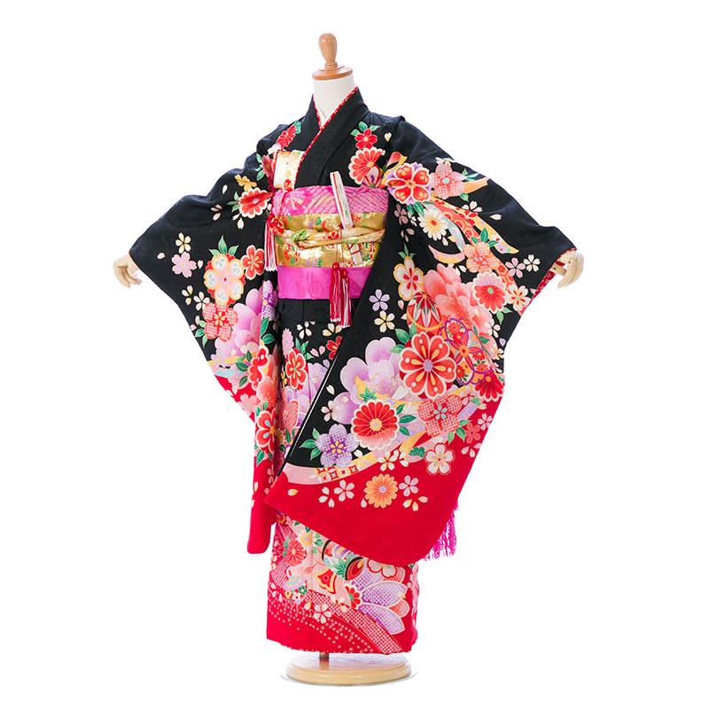 e-7-909 ブランド 花うさぎ 黒地-桜 七五三 7歳女の子 7歳 着物 女の子