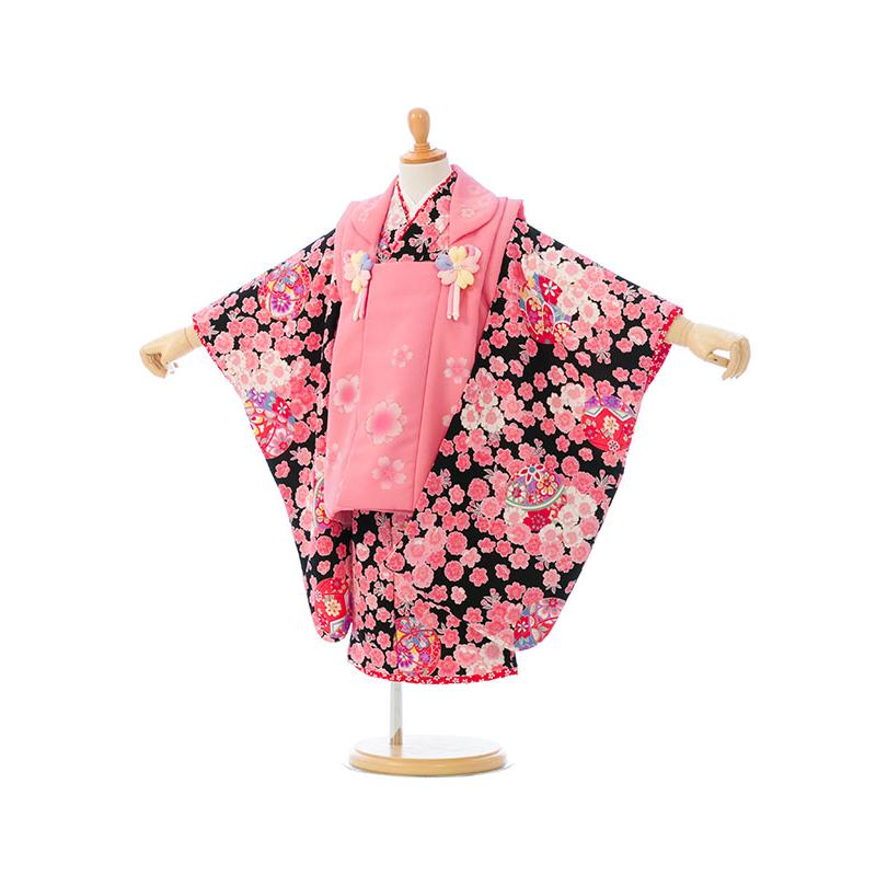 被布着物 花夢二 桜柄の七五三着物3歳 女の子(被布)フルセット（黒系