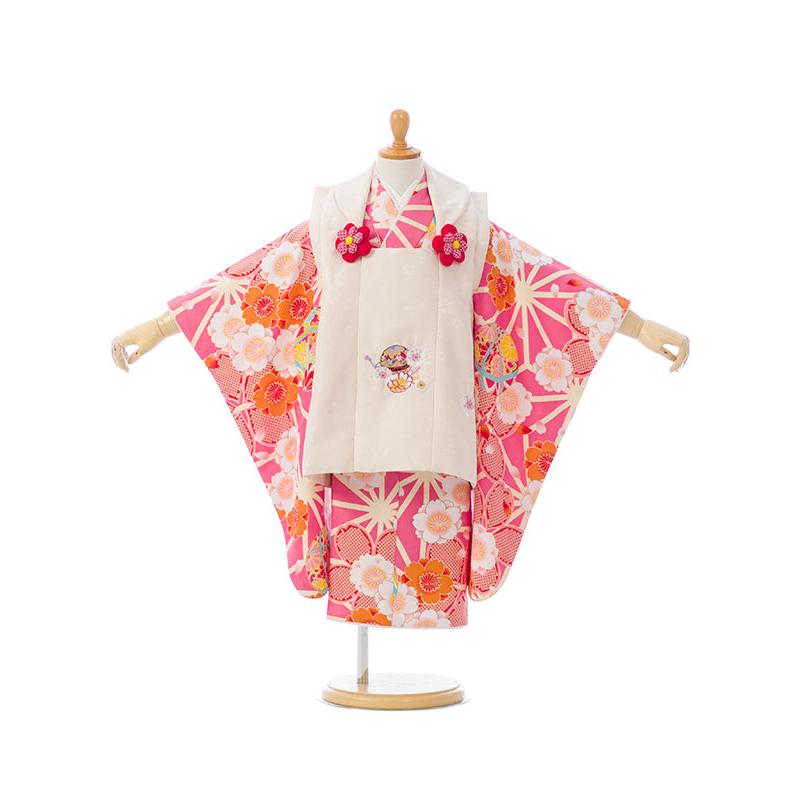 七五三 着物 3歳 753 ｜ 麻の葉 桜柄の着物女の子(被布)(白 ピンク系
