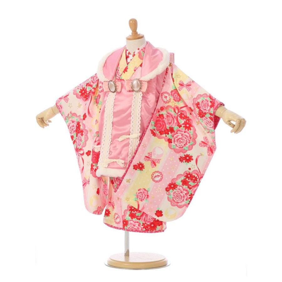 被布 リボンドット柄の七五三着物3歳 女の子(被布)フルセット（ピンク