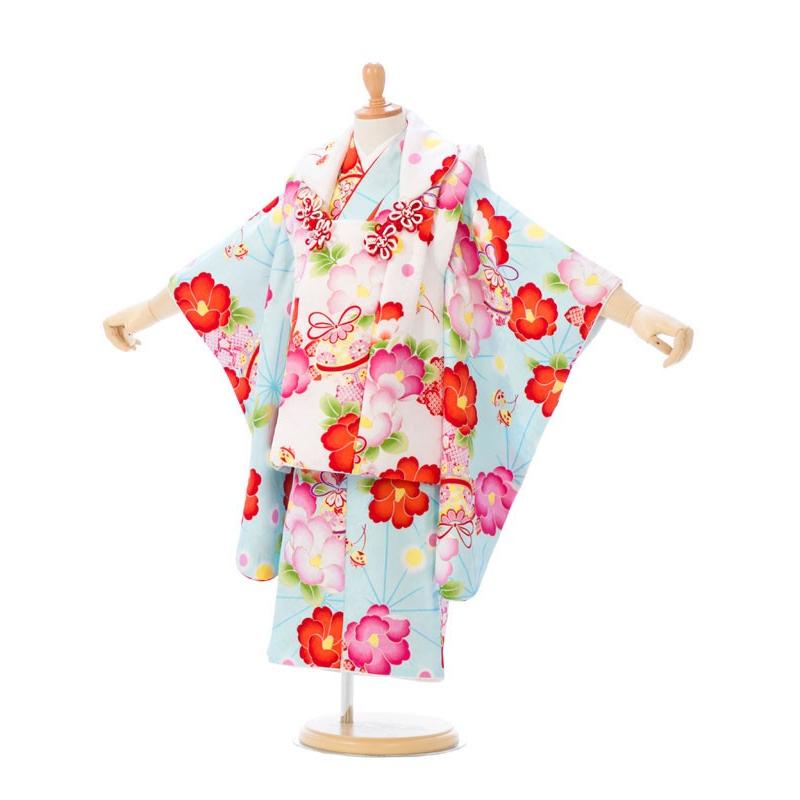 被布 椿柄の七五三着物3歳 女の子(被布)フルセット（ブルー系