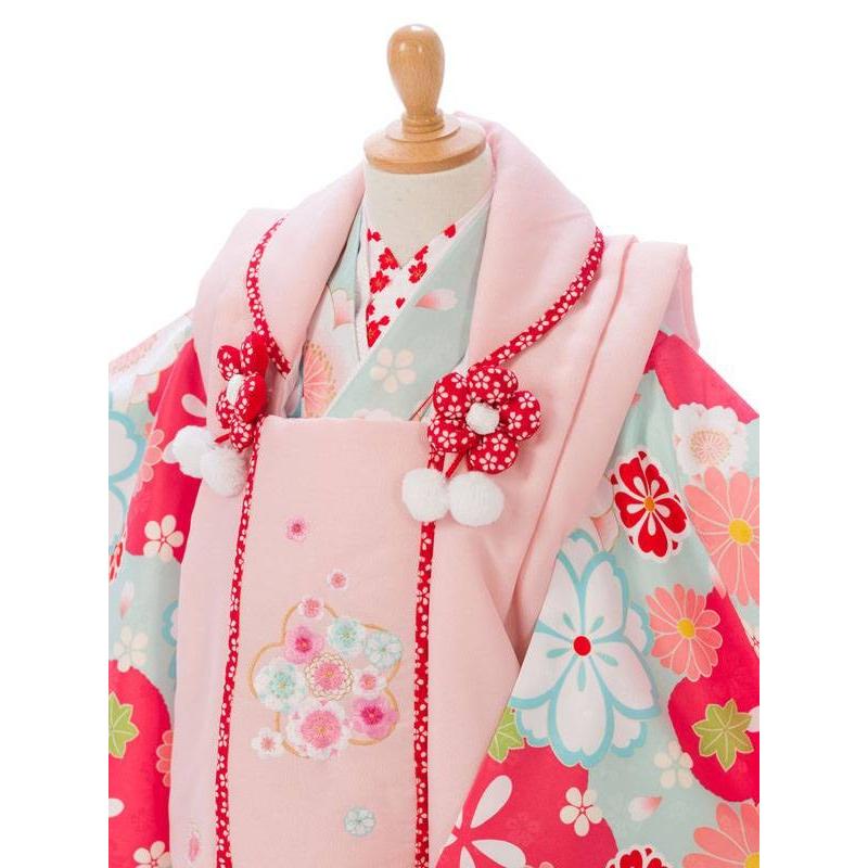 被布 桜柄の七五三着物3歳 女の子(被布)フルセット（グリーン系