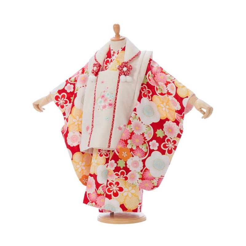 被布　桜菊柄の七五三着物3歳　女の子(被布)フルセット（赤系 ）｜女の子(三歳）｜e-kimono-rental