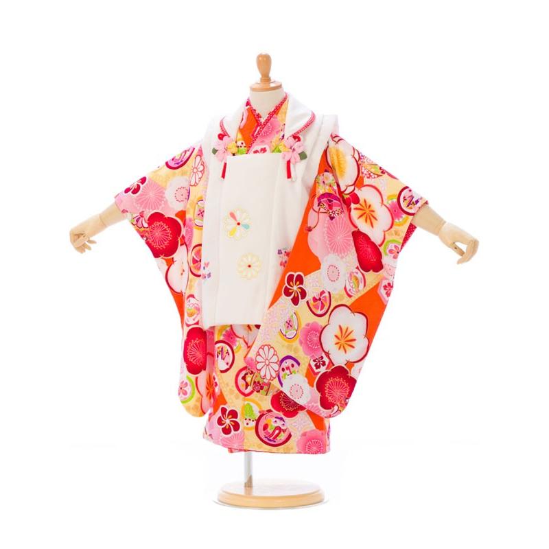 美品式部浪漫♡七五三3歳♡被布着物9点セット♡日本製♡オレンジ系♡白被布 式部浪漫 ｜七五三着物3歳 女の子(被布)フルセット（イエロー