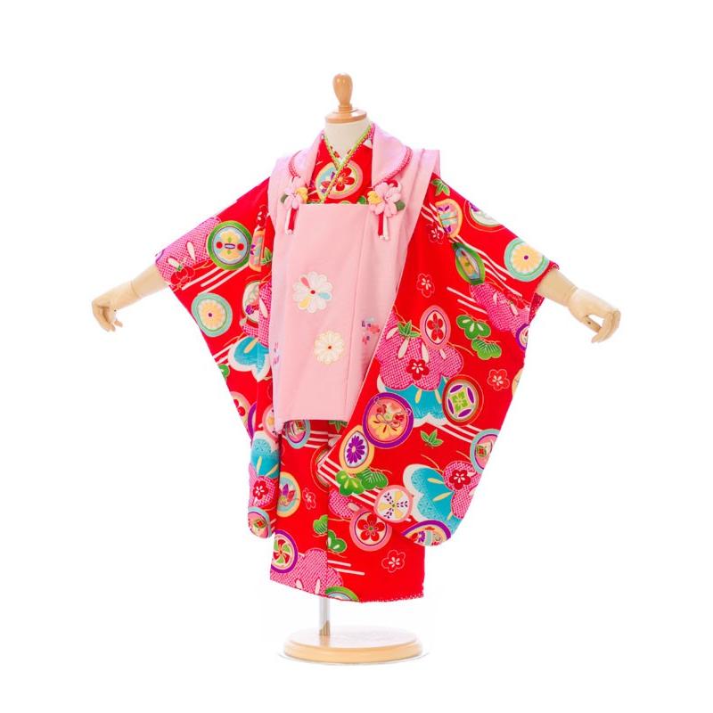美品式部浪漫♡七五三3歳♡被布着物9点セット♡日本製♡オレンジ系♡白被布 式部浪漫 ｜七五三着物3歳 女の子(被布)フルセット（赤系 ）｜女の子