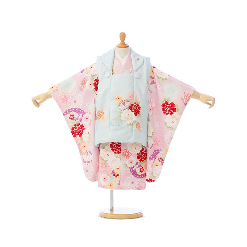 ピンク花柄着物セット 100cm 3歳七五三　被布コート 被布セット|花うさぎ|90〜100cm|七五三着物3歳|女の子(被布)フルセット