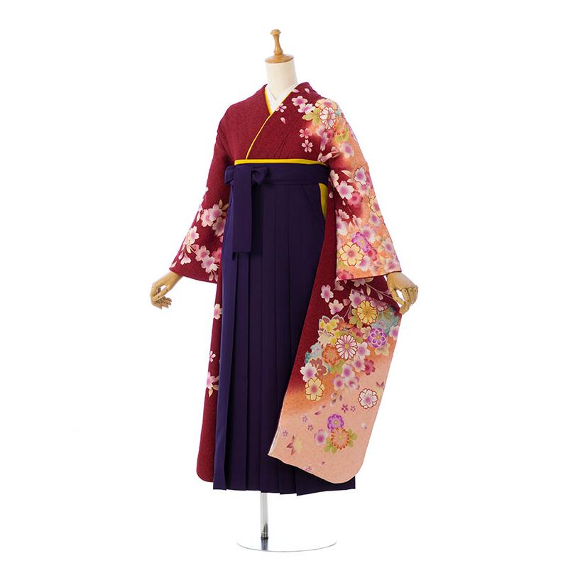 細身サイズ　振袖フルセット➕袴 卒業式 袴セット 九重 クリーム色 橘と笹竹 レンタル 大学生 振袖袴