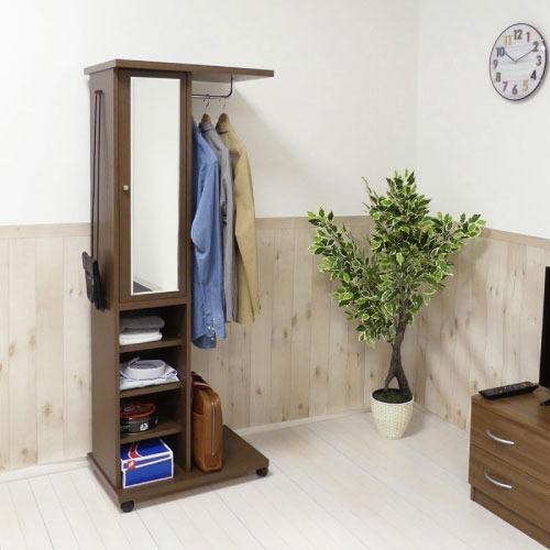 収納棚 ミラー付ハンガーラック ブラウン [4954877621362] W60×D40×H156cm リビングや寝室・玄関で上着掛け 組立式 クロシオ メーカー直送の画像