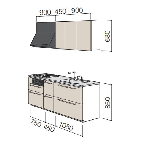 システムキッチン　ザ・クラッソ　TOTO　扉グループ1A・1B　メーカー直送　間口225cm　基本プラン　2250mm　奥行65cm　I型