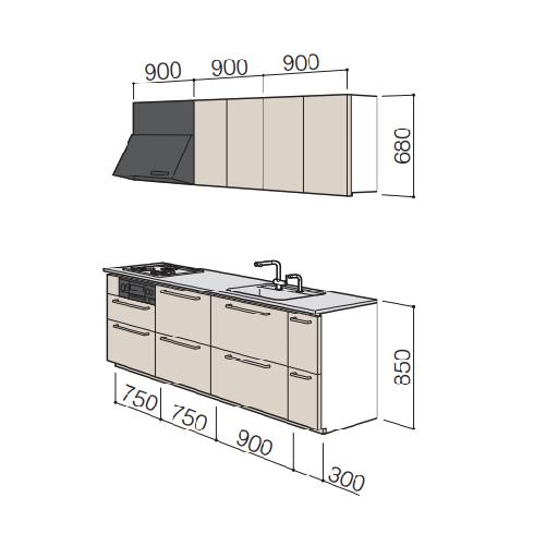 システムキッチン　ザ・クラッソ　TOTO　扉グループ1A・1B　間口270cm　メーカー直送　2700mm　基本プラン　奥行65cm　I型