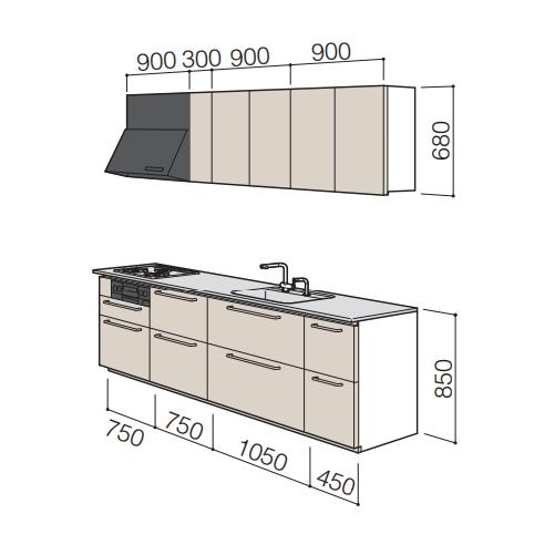 システムキッチン　ザ・クラッソ　TOTO　間口300cm　3000mm　扉グループ2A・2B　奥行65cm　I型　基本プラン　メーカー直送