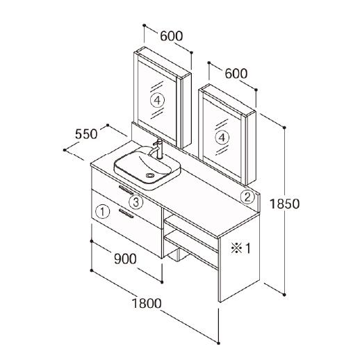 洗面化粧台 ドレーナ 間口1800mm TOTO [drena08] 木枠一面鏡(600mm・収納付き) セットプラン メーカー直送 |  | 01