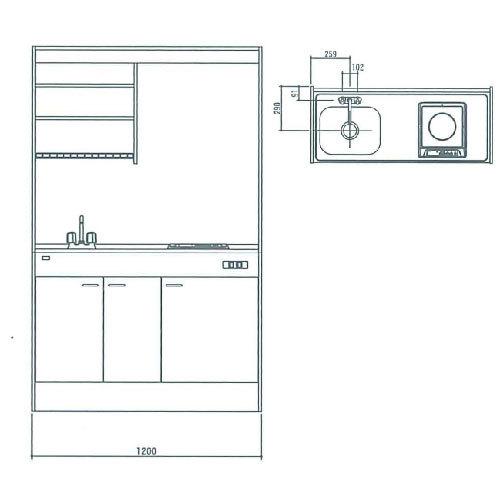 亀井製作所　ミニキッチン　上下セット　間口1200mm　納期2週間　Mini(ミニ)　L)]　[FK120DTGB(R　1口ガス　2バルブ混合水栓　メーカー直送