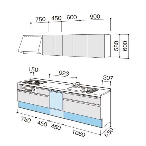 パナソニック　システムキッチン　ラクシーナ　メーカー直送　W2700　食洗付　扉グレード30　奥行65cm　シルバー色ストッカー　壁付I型