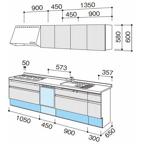 パナソニック　システムキッチン　ラクシーナ　トリプルワイドIH　間口2700　I型　扉グレード20　奥行65cm　食洗付　メーカー直送　シルバー色ストッカー