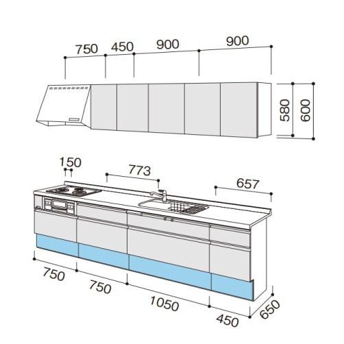 パナソニック　システムキッチン　ラクシーナ　W3000　メーカー直送　扉グレード10　シルバー色ストッカー　奥行65cm　壁付I型