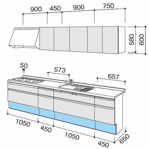 パナソニック　システムキッチン　ラクシーナ　間口3000　I型　奥行65cm　トリプルワイドIH　メーカー直送　扉グレード20　シルバー色ストッカー