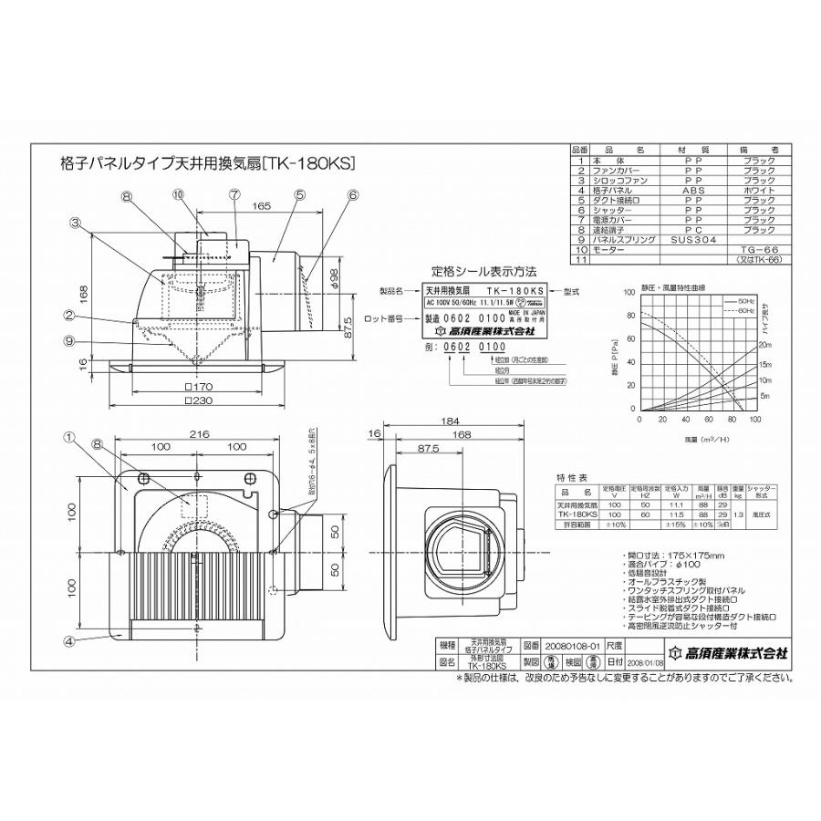 天井用換気扇 横格子パネルタイプ [TK-180KS] 天井埋込高さ168mm RGAZ 002A同等機種 高須産業 |  | 01