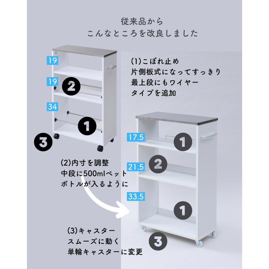 キッチンワゴン キャスター付き ステンレス天板 幅24 奥行50 高さ85cm ホワイト 白 ワゴン収納 隙間 隙間ワゴン 隙間収納 すきま 洗面所 収納 キッチン 作業台｜e-kurashi｜16