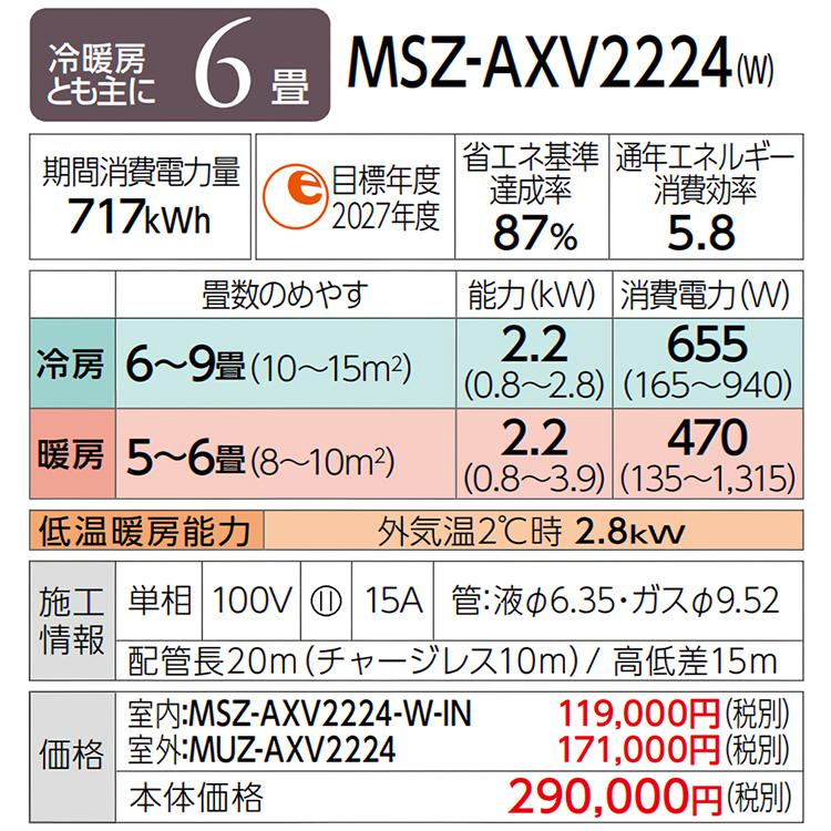 霧ヶ峰 エアコン おもに6畳 三菱電機 AXVシリーズ 2024年モデル 