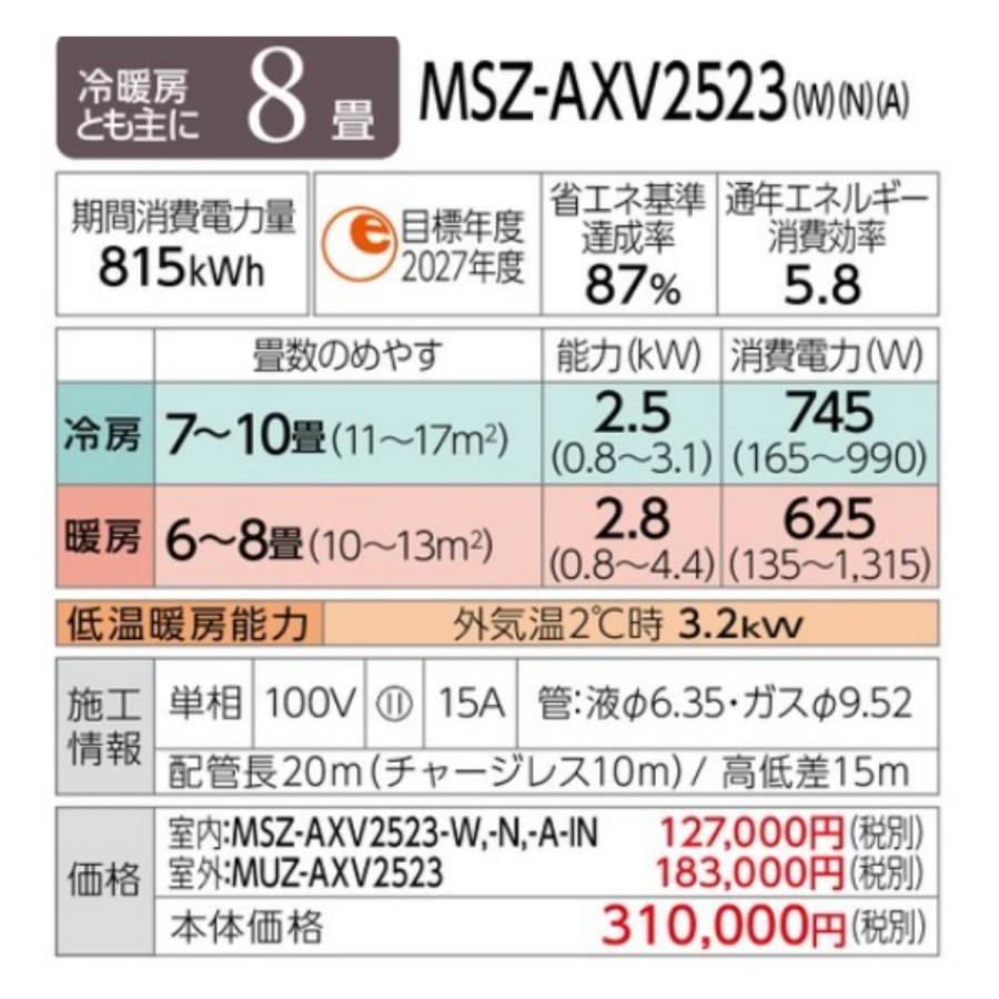 MSZ-AXV2523-N-SET 標準取付工事費込 三菱電機 霧ヶ峰 ルームエアコン AXVシリーズ 8畳 ゴールド ムーブアイ 冷暖房 省エネ 2023年モデル ハイブリッド運転｜e-maxjapan｜02