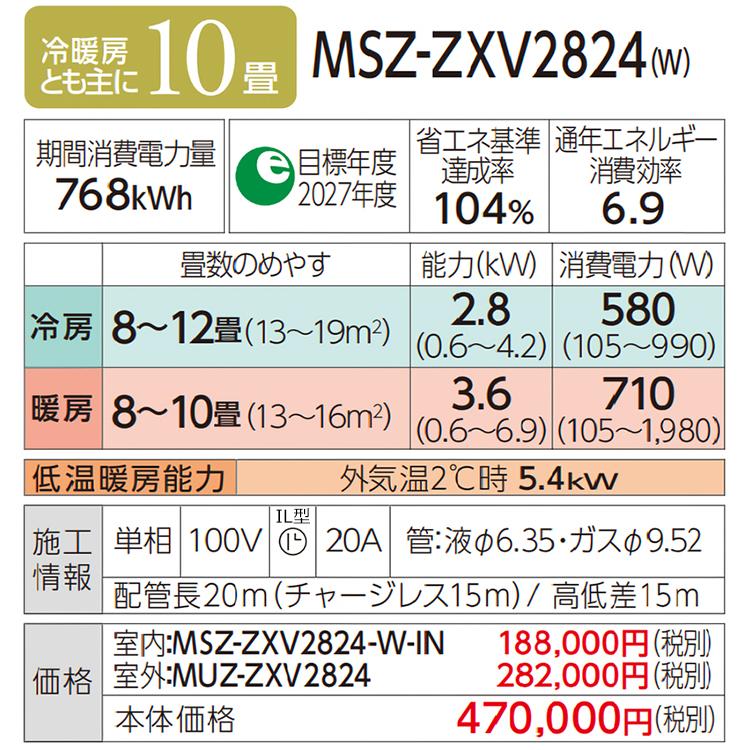 標準取付工事費込 エアコン 主に10畳 三菱電機 霧ヶ峰 2024年 モデル Zシリーズ ホワイト エコモテック 単相100V MSZ-ZXV2824-W-SET｜e-maxjapan｜12