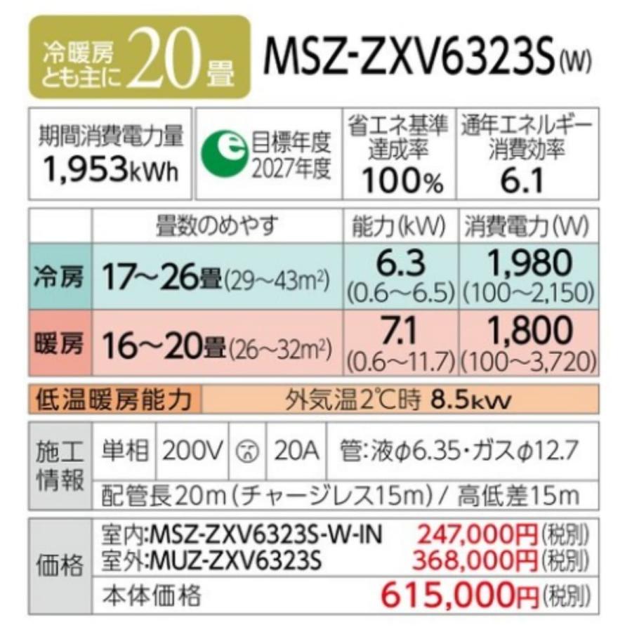 MSZ-ZXV6323S-W-SET 標準取付工事費込 三菱電機 ルームエアコン 霧ヶ峰 Zシリーズ 20畳 ホワイト ムーブアイmirA.I.+ 2023　プレミアムモデル　STRONG冷房｜e-maxjapan｜02