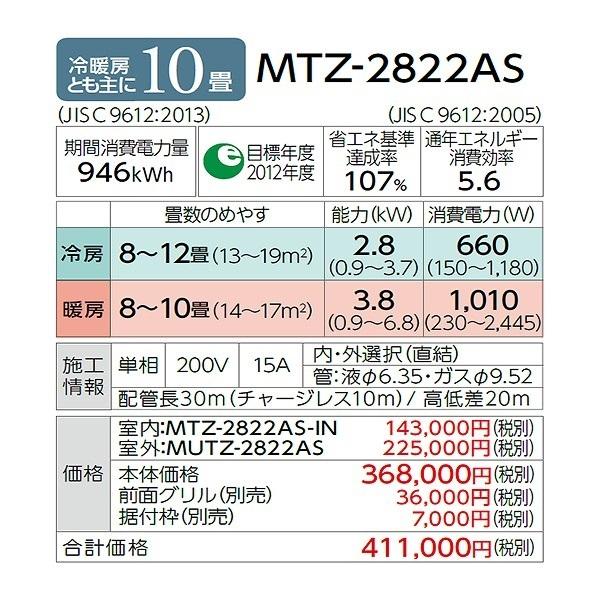 霧ヶ峰 MTZ-2822AS 三菱電機 ハウジングエアコン 壁埋込形 10畳 室内機