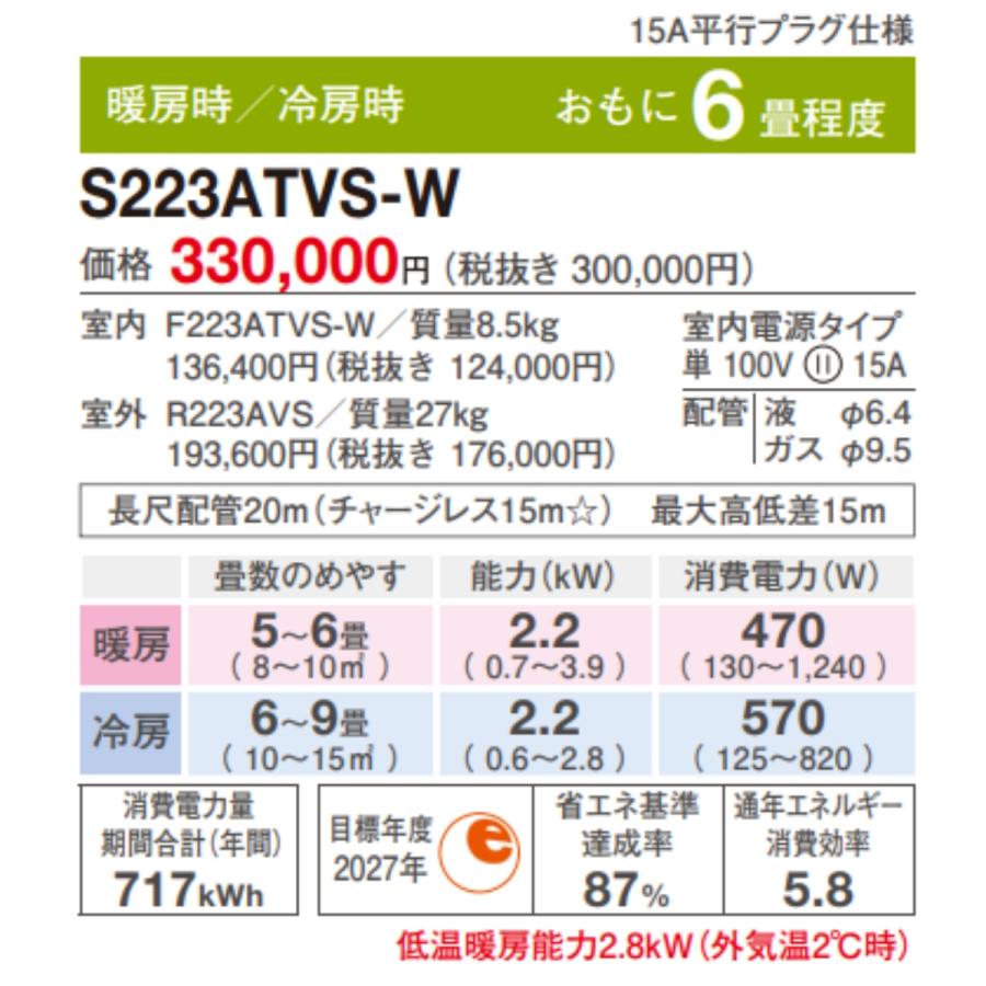 ダイキン エアコンAN22ZCBKS-W 100V 2023年製 おもに6畳用 ダイキン（DAIKIN） S223ATVS-W エアコン おもに6畳 VXシリーズ