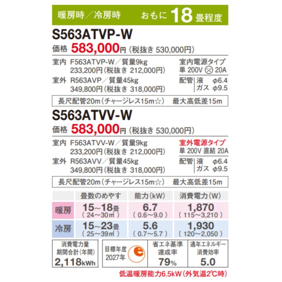ダイキン（DAIKIN） S563ATVV-W エアコン おもに18畳 VXシリーズ