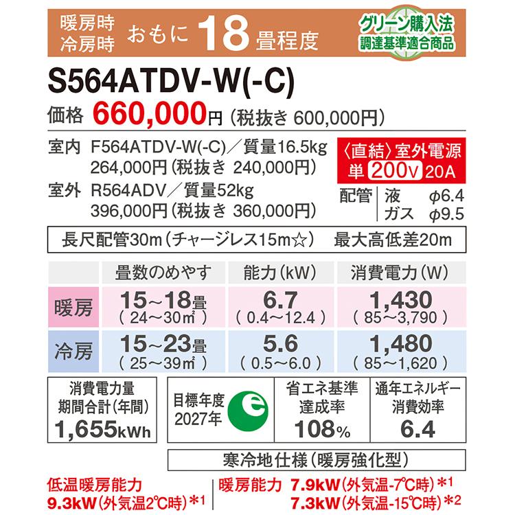 東京 神奈川地域限定 標準取付工事費込 エアコン同配 主に18畳 室外電源タイプ ダイキン 2024年 モデル DX ベージュ スゴ暖 単相200V S564ATDV-C-TK｜e-maxjapan｜12