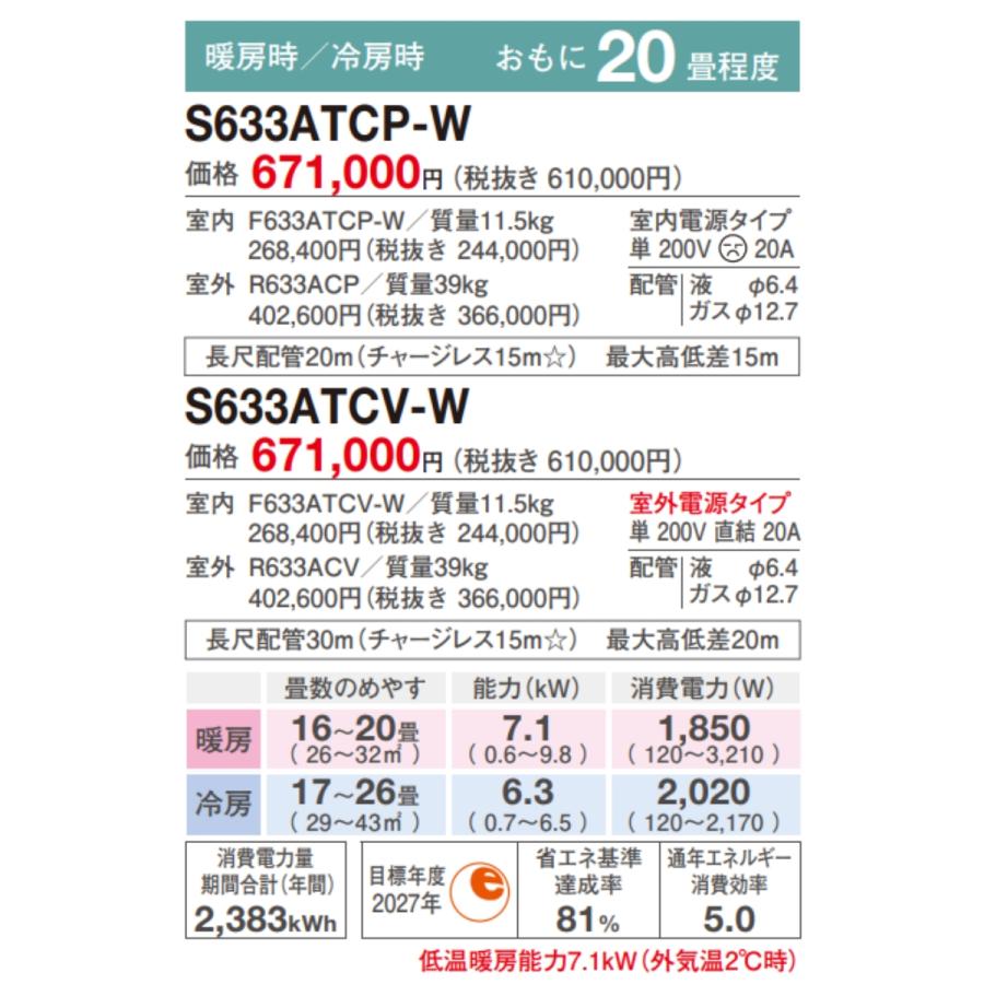 S633ATCV-W-SET 標準取付工事費込 CXシリーズ ダイキン  おもに20畳  ホワイト ルームエアコン 冷暖房 ストリーマ搭載 冷房 暖房 自動運転 2023年 モデル｜e-maxjapan｜02