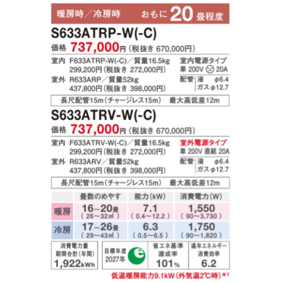 うるさらX S633ATRP-Wダイキン エアコン おもに20畳 RXシリーズ うるさらX S633ATRP-Wダイキン エアコン おもに20畳 RXシリーズ