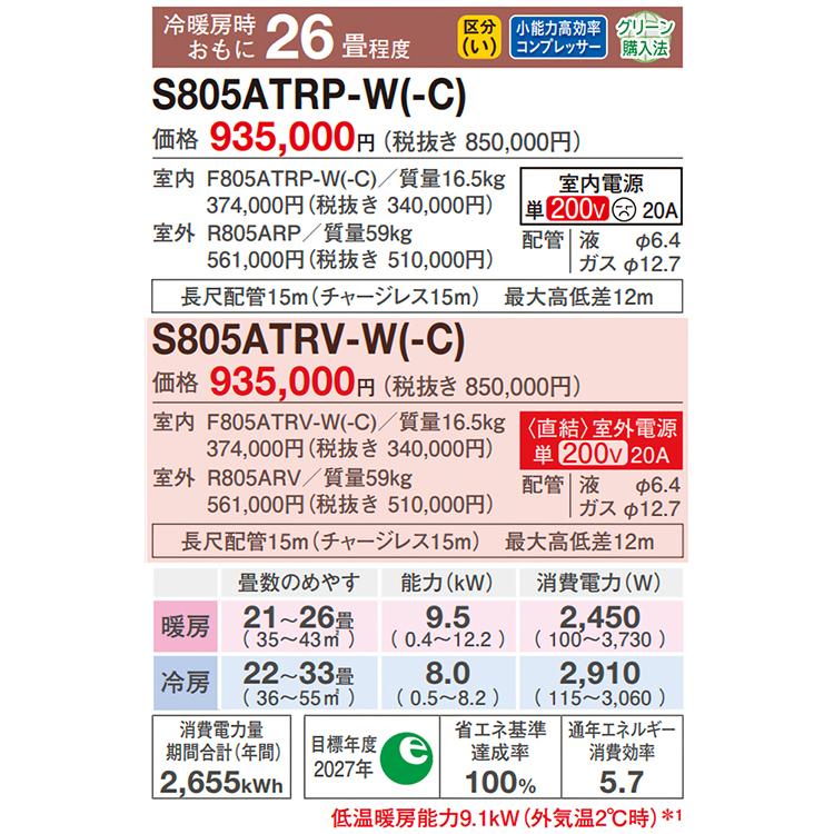 うるるとさらら 標準取付工事費込 エアコン おもに26畳 室外電源タイプ