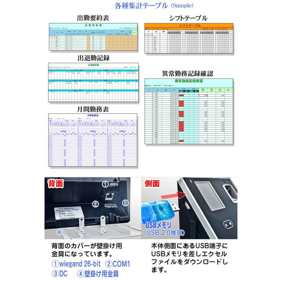 タイムレコーダー 4WAY 非接触 生体認証 【 エントリー7 】顔