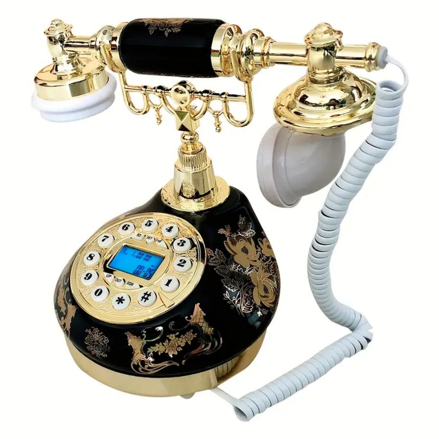 電源不要 固定電話機【セラミック アンティーク型】ブラック 電話機