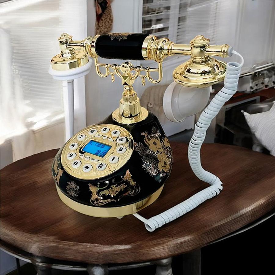 電源不要 固定電話機【セラミック アンティーク型】ブラック 電話機