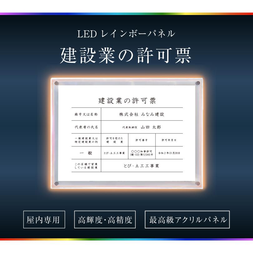 建設業の許可票 LEDレインボーパネル B3サイズ / アクリルフレーム