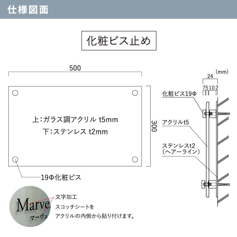 ステンレス×ガラス調アクリル プレート 化粧ビス止め H300×W500mm 屋外