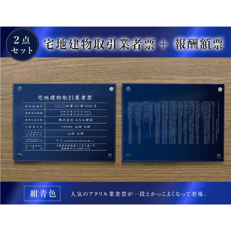 『 透明アクリル 紺青色 壁付けタイプ 』  宅地建物取引業者票＋報酬額票 ２点セット 業者票 おしゃれ tk-com-acryl-blue01-2set | ブランド登録なし | 01