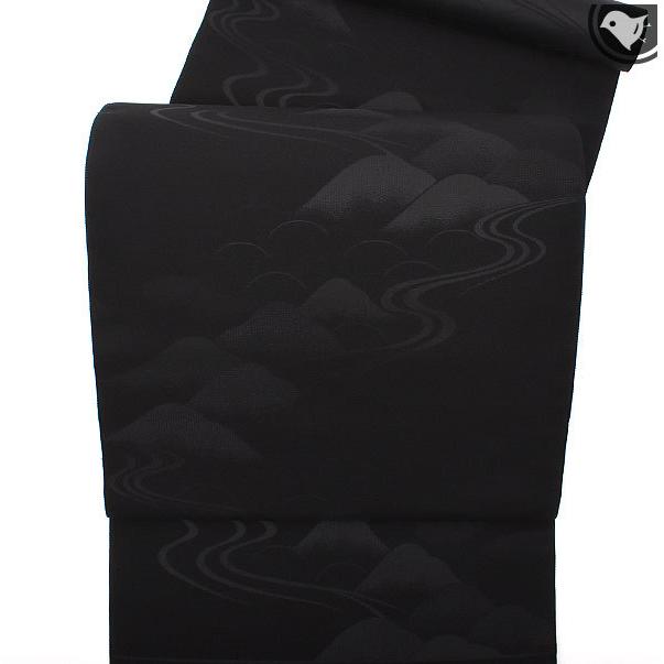 黒共帯 喪服帯 西陣織老舗機屋 謹製 綴れ錦織 遠山文様 九寸 名古屋帯