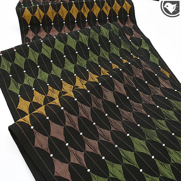 工芸帯地 木屋太 今河織物 謹製 風通膨れ織 ピエロ 袋帯 黒 正絹 日本