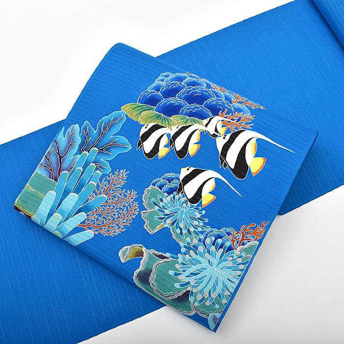 単衣/夏) 夏帯 絽塩瀬 十日町友禅 老舗 秀美 別注染 海散歩 本加工染め  